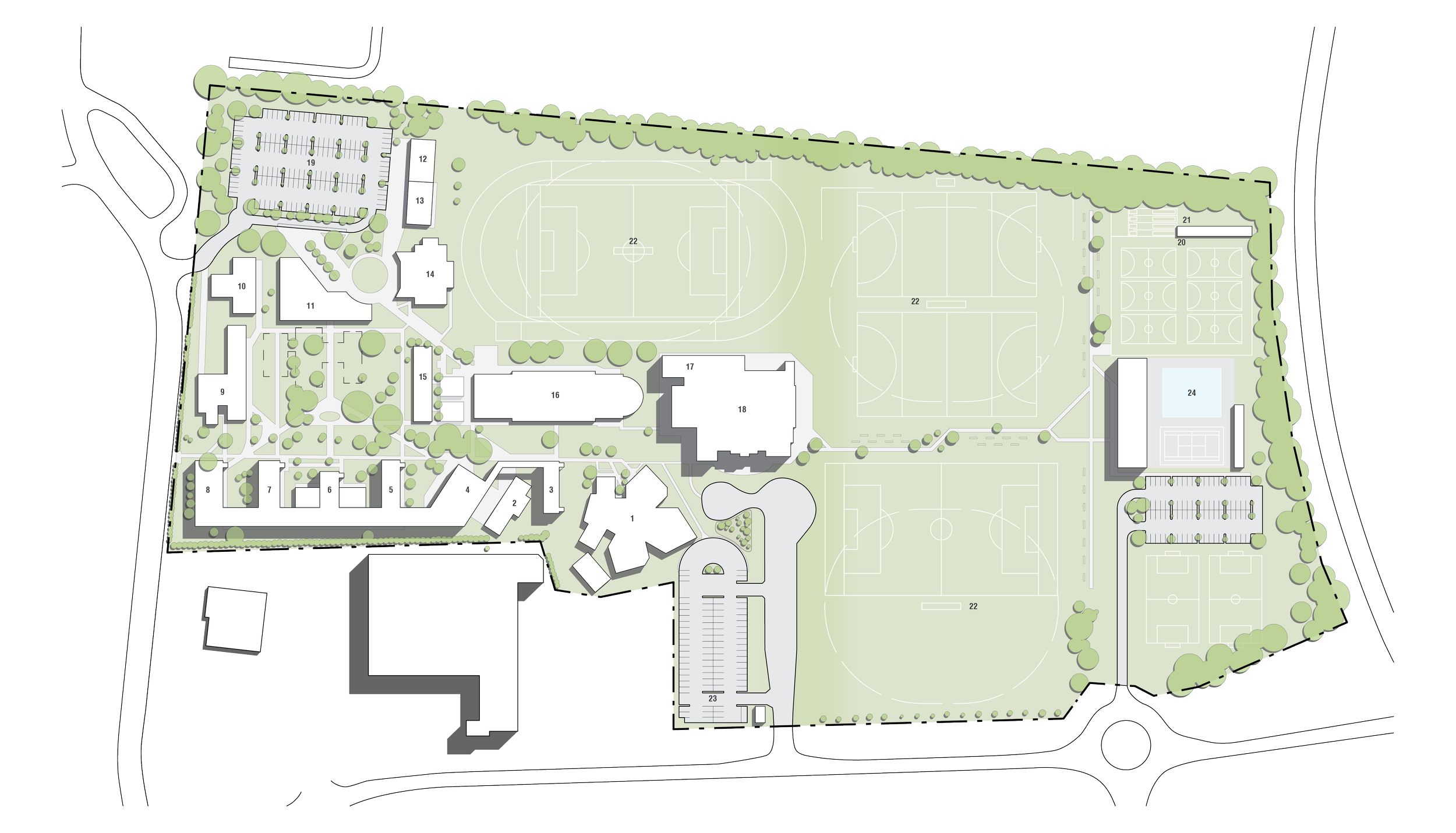 Site map of a large recreational complex featuring multiple sports fields, tennis courts, swimming pool, parking lots, and various buildings surrounded by green trees.