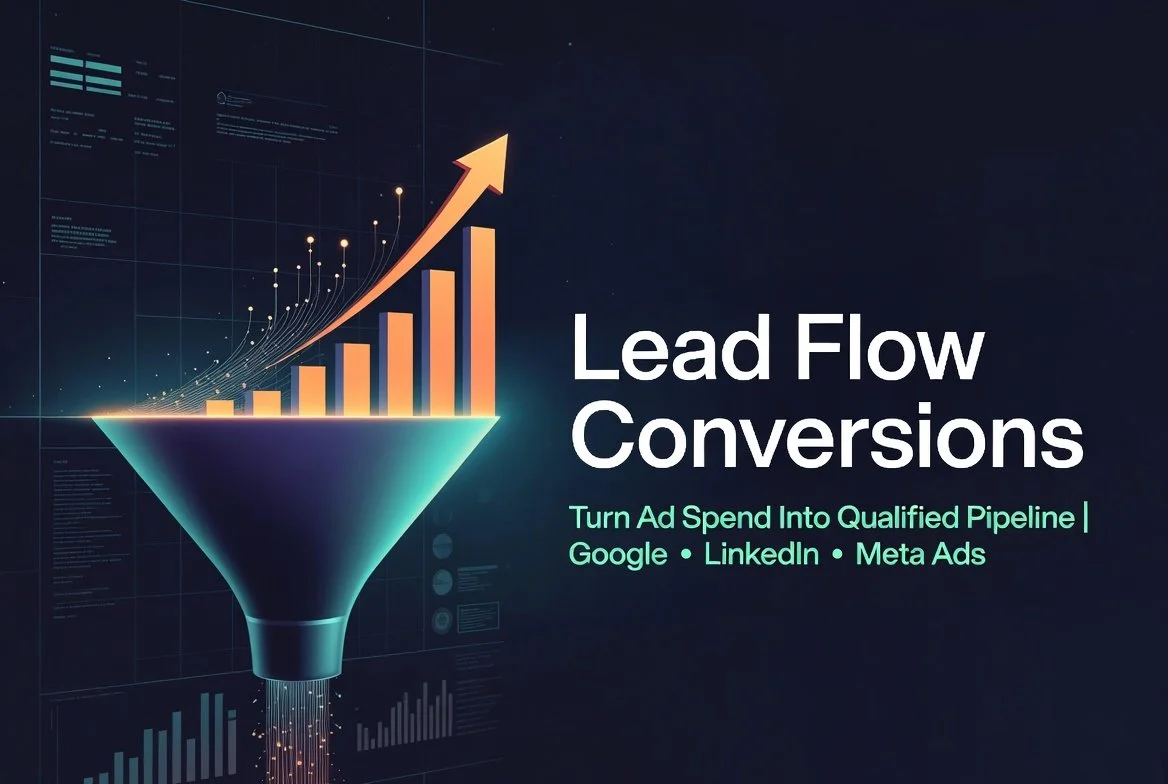 Digital marketing concept with a funnel and increasing bar chart and upward arrow, illustrating lead flow and conversions with text about turning ad spend into qualified pipeline through Google, LinkedIn, and Meta Ads.