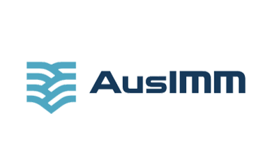 Logo of AusIMM with a stylized blue book or wave symbol next to the text.