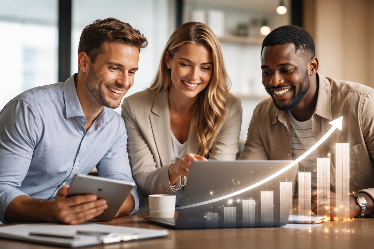 Three people, two men and one woman, smiling and looking at a laptop in a meeting or collaborative work session, with a rising bar graph overlay.