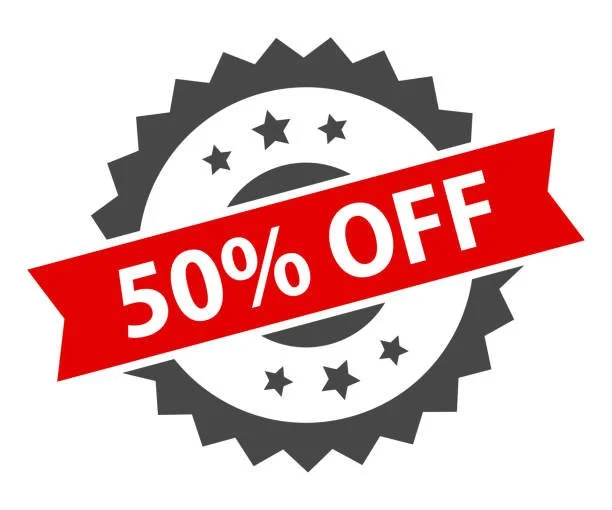 Black and white badge with stars and a circle, overlaid with a red banner that says 50% OFF.