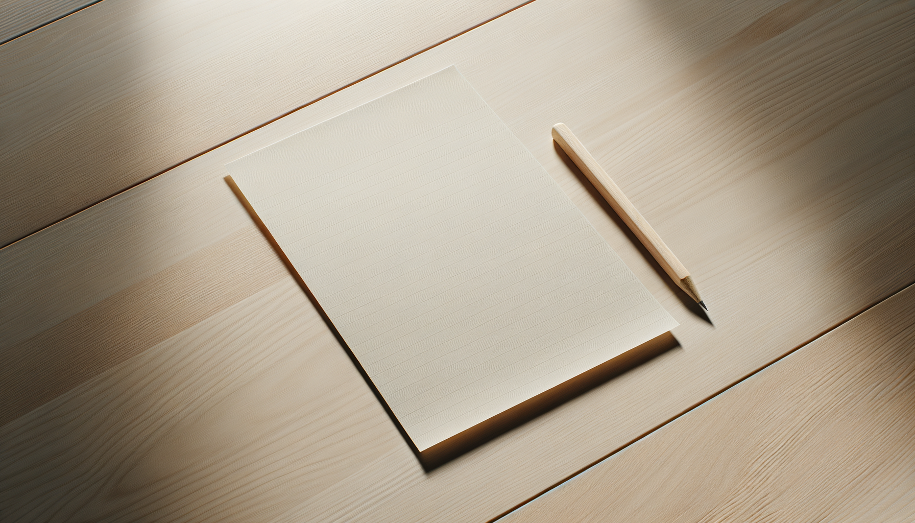 A blank sheet of lined paper and a wooden pen placed on a light-colored wooden surface.