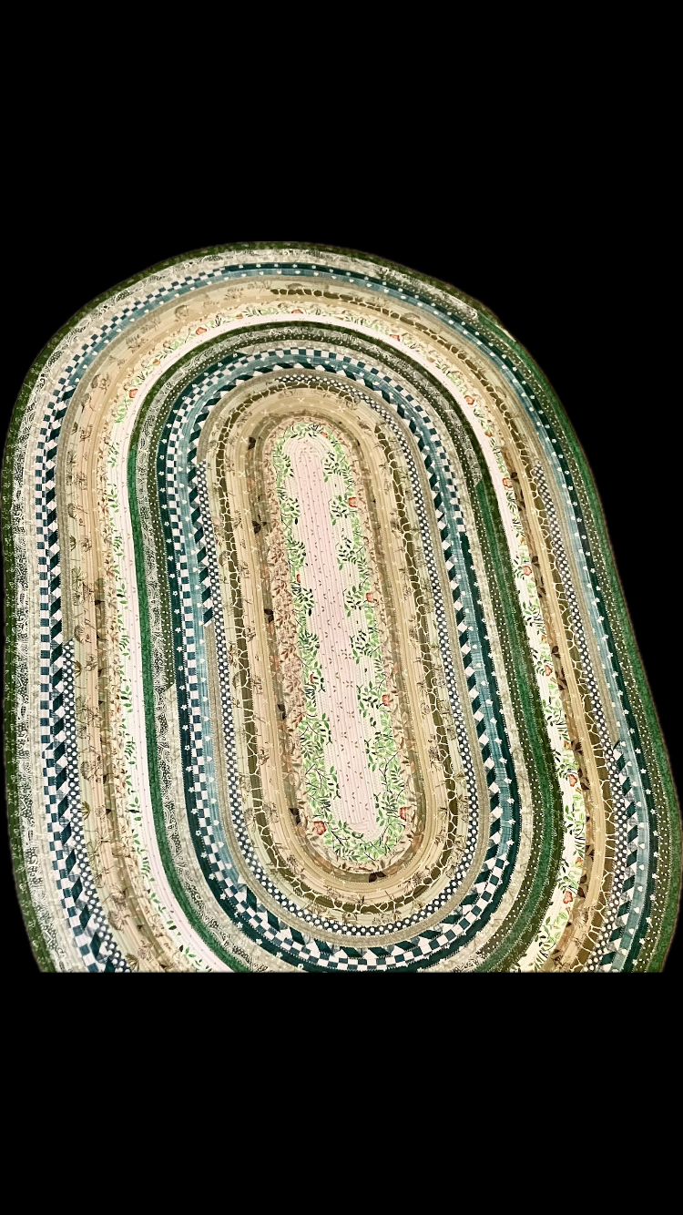 Green brown earthy natural handmade quilted puffy artisan cotton jelly roll rug