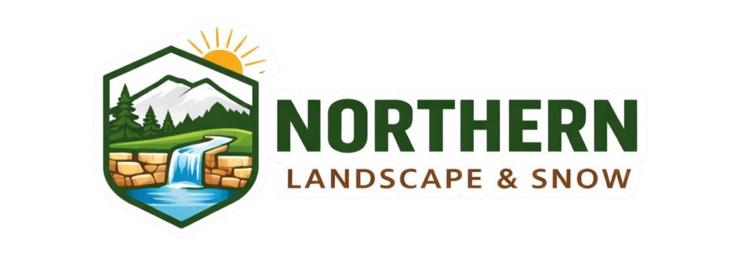 Logo of Northern Landscape & Snow featuring mountains, trees, a waterfall, and a rising sun.