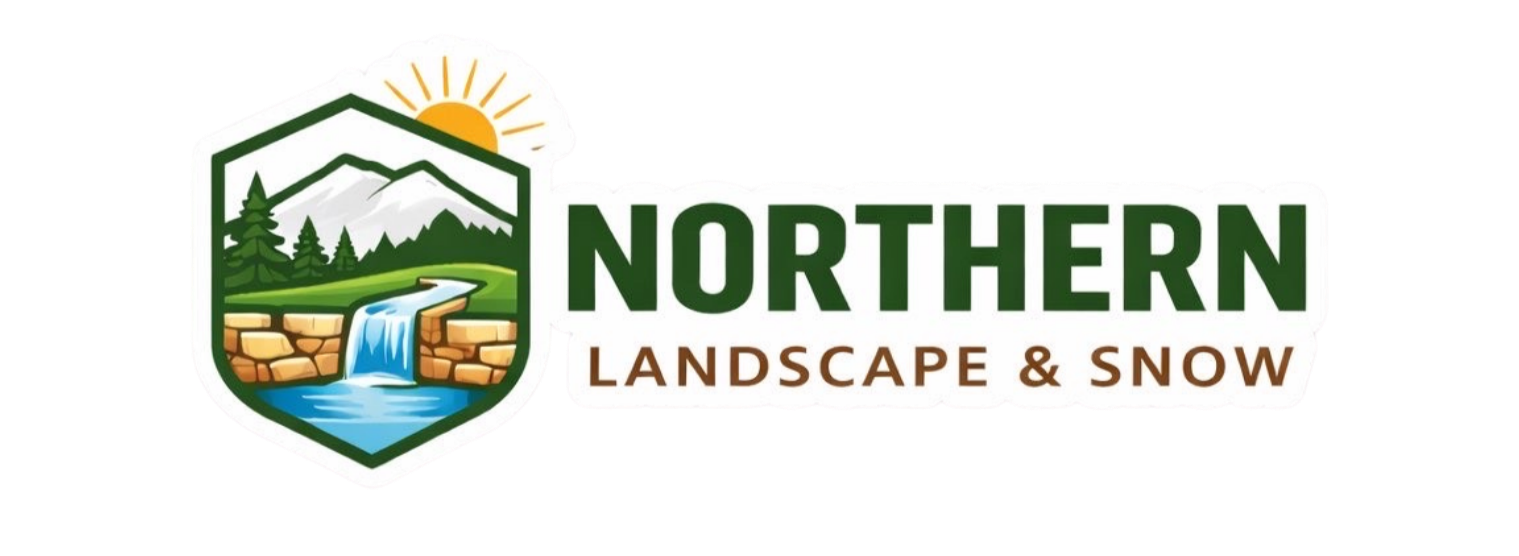 Logo of Northern Landscape & Snow featuring mountains, trees, a river, a waterfall, and a sun.