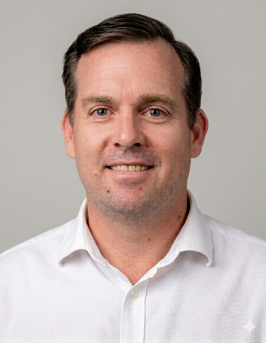 A middle-aged man with short brown hair, blue eyes, and a light skin tone, smiling while wearing a white collared shirt, facing the camera against a plain gray background.
