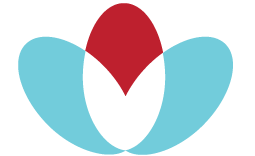 Graphic of a stylized flower with red, black, and light blue petals.