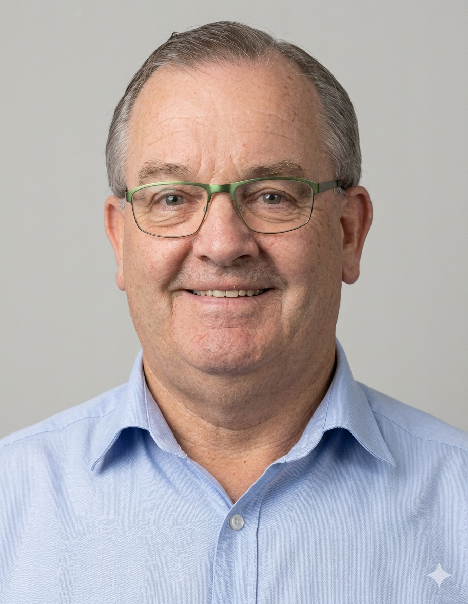 Portrait of a smiling middle-aged man with glasses, wearing a light blue collared shirt, against a plain light gray background.