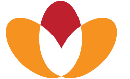 A stylized flower with three orange petals, a red petal, and a black central element.