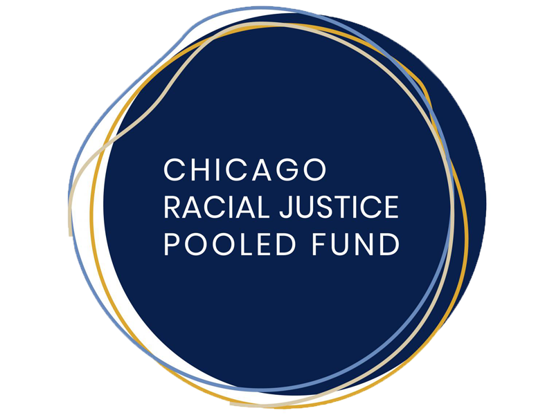 A dark blue circular graphic with gold and light blue border lines, containing white text that reads: 'CHICAGO RACIAL JUSTICE POOLED FUND'.