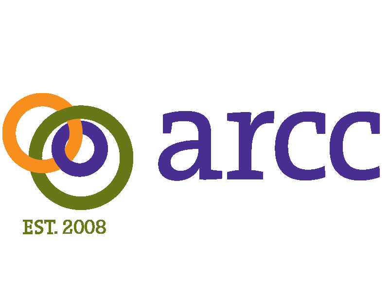 Logo with three interlinked circles in orange, green, and purple, the text 'arcc' in purple, and 'EST. 2008' in green.