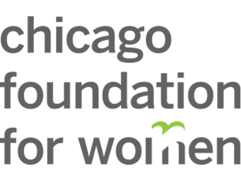 Logo for the Chicago Foundation for Women with gray text and a small green bird icon.