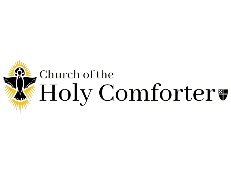 Logo of the Church of the Holy Comforter with an image of a black dove with outstretched wings, surrounded by yellow rays, next to black text.