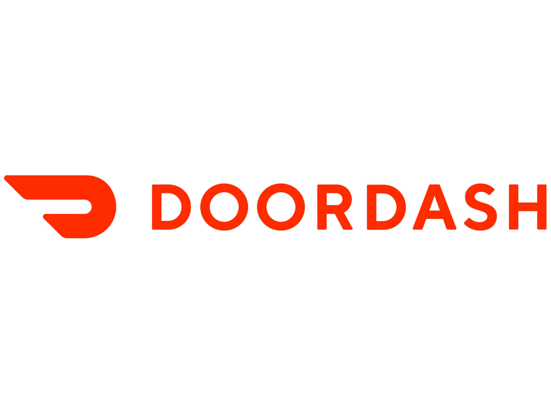 DoorDash logo with a red stylized D and the word 'DOORDASH' in bold red letters on a white background.