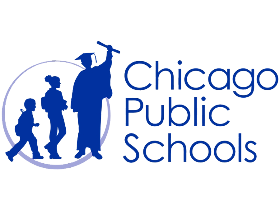 Logo of Chicago Public Schools with silhouettes of children and a graduate holding a diploma.