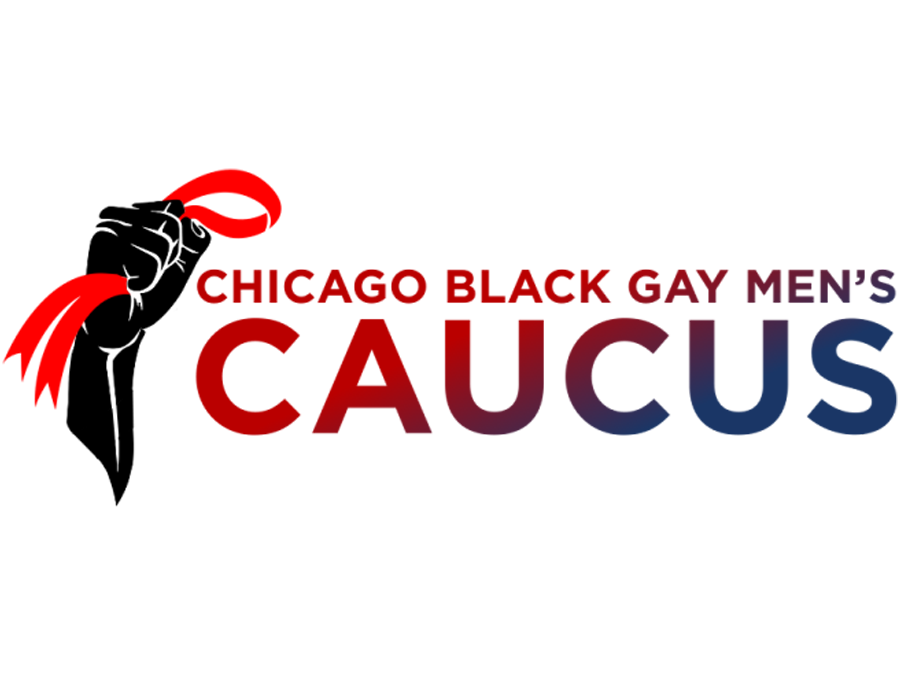 Logo for Chicago Black Gay Men's Caucus featuring a raised black fist holding a red ribbon.