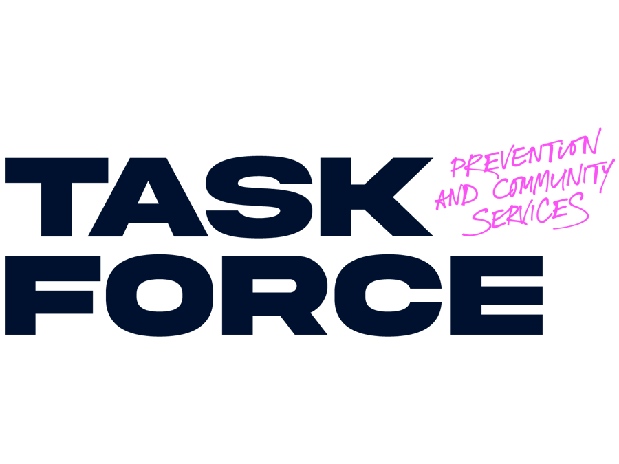 The image contains the words 'TASK FORCE' in large navy blue bold letters. To the right, there is pink handwritten text that reads 'PREVENTION AND COMMUNITY SERVICES.'
