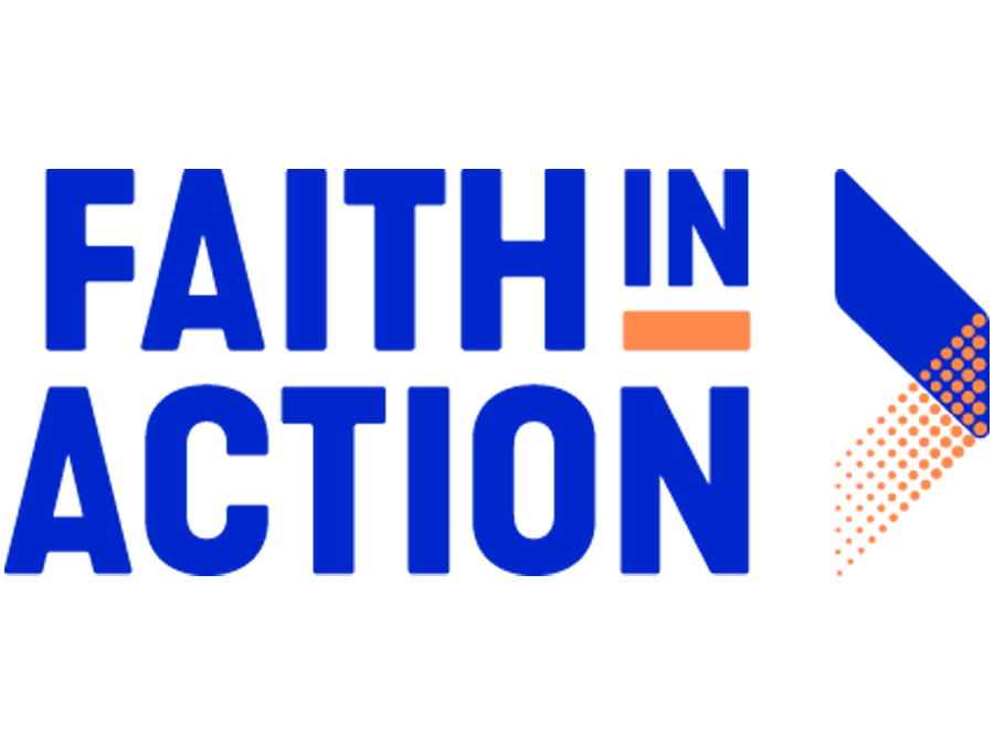 Bold blue text reads "FAITH IN ACTION" with orange and blue graphic elements to the right.