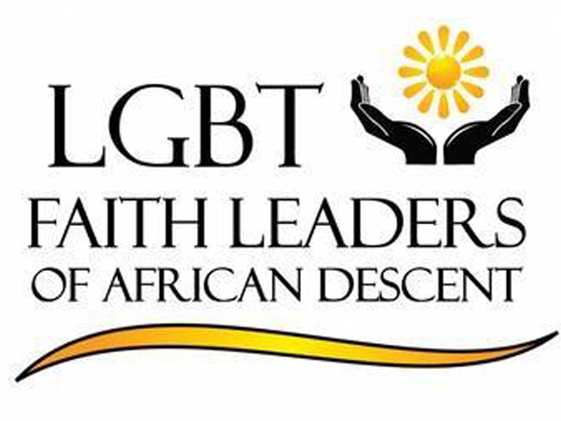 LGBT faith leaders of African descent logo with black hands holding a yellow sun and a yellow and orange wave beneath the text.