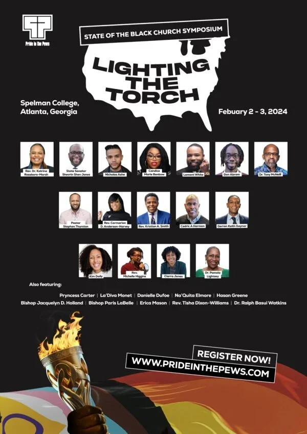 Poster for the State of the Black Church Symposium titled 'Lighting the Torch', held at Spelman College in Atlanta, Georgia, February 2-3, 2024. Features headshots of speakers and participants, including pastors, reverends, doctors, and community leaders, along with a burning torch graphic and registration info at www.prideinthepews.com.