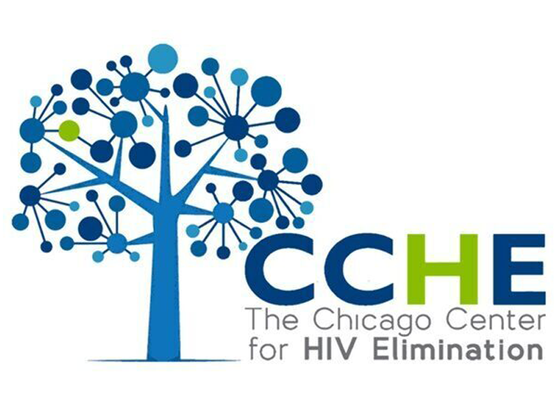 Logo for The Chicago Center for HIV Elimination featuring a stylized blue tree with circular leaves.