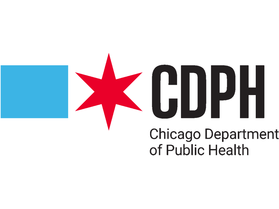 Logo of the Chicago Department of Public Health featuring a blue square, a red star, and black text.