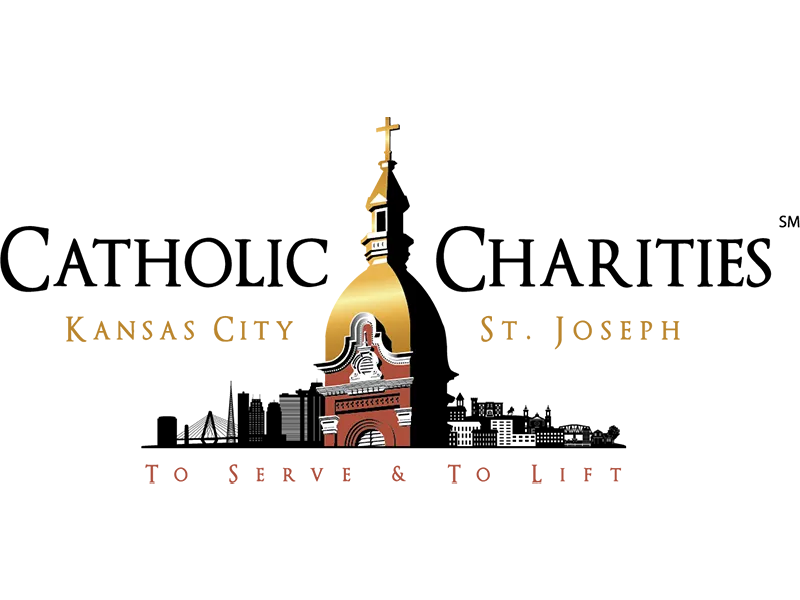 Logo for Catholic Charities Kansas City St. Joseph featuring a church dome with a cross and cityscape in black, gold, and red with the slogan 'To Serve & To Lift'.