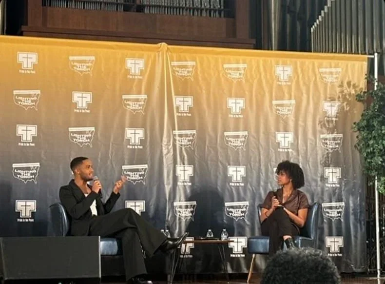 Actor Nicholas Ashe (left) and theologian Ciarra Jones (right) in conversation during Pride in The Pews’ State of The Black Church Symposium at Spelman College on February 2, 2024. (Image: Darian Aaron)