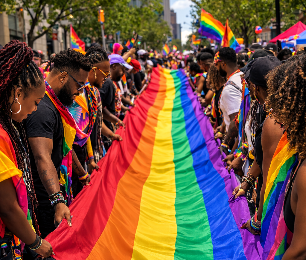 Crowd of people holding and surrounding a large rainbow pride flag during a pride parade, with rainbow flags and colorful decorations.