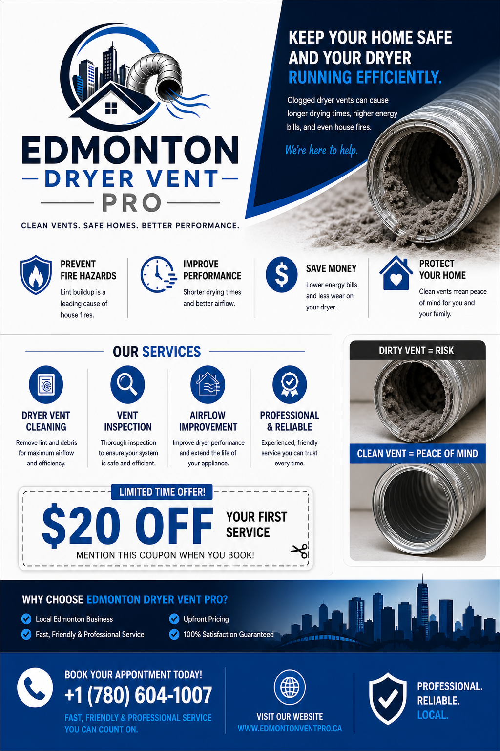 Flyer for Edmonton Dryer Vent Pro with city skyline, house, dryer vent, and information about dryer vent cleaning services, benefits, offers, and contact details.
