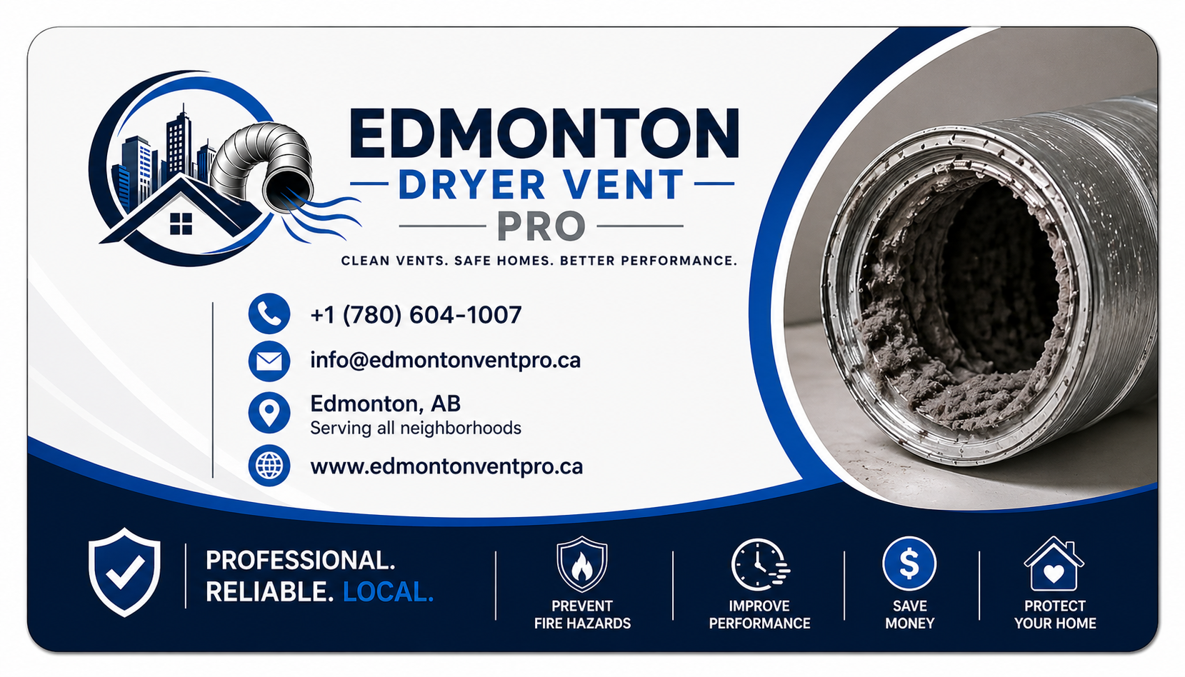Business card for Edmonton Dryer Vent Pro featuring a city skyline and secondhand dryer vent, with contact information, icons for services, and a slogan about vent cleanliness and home safety.