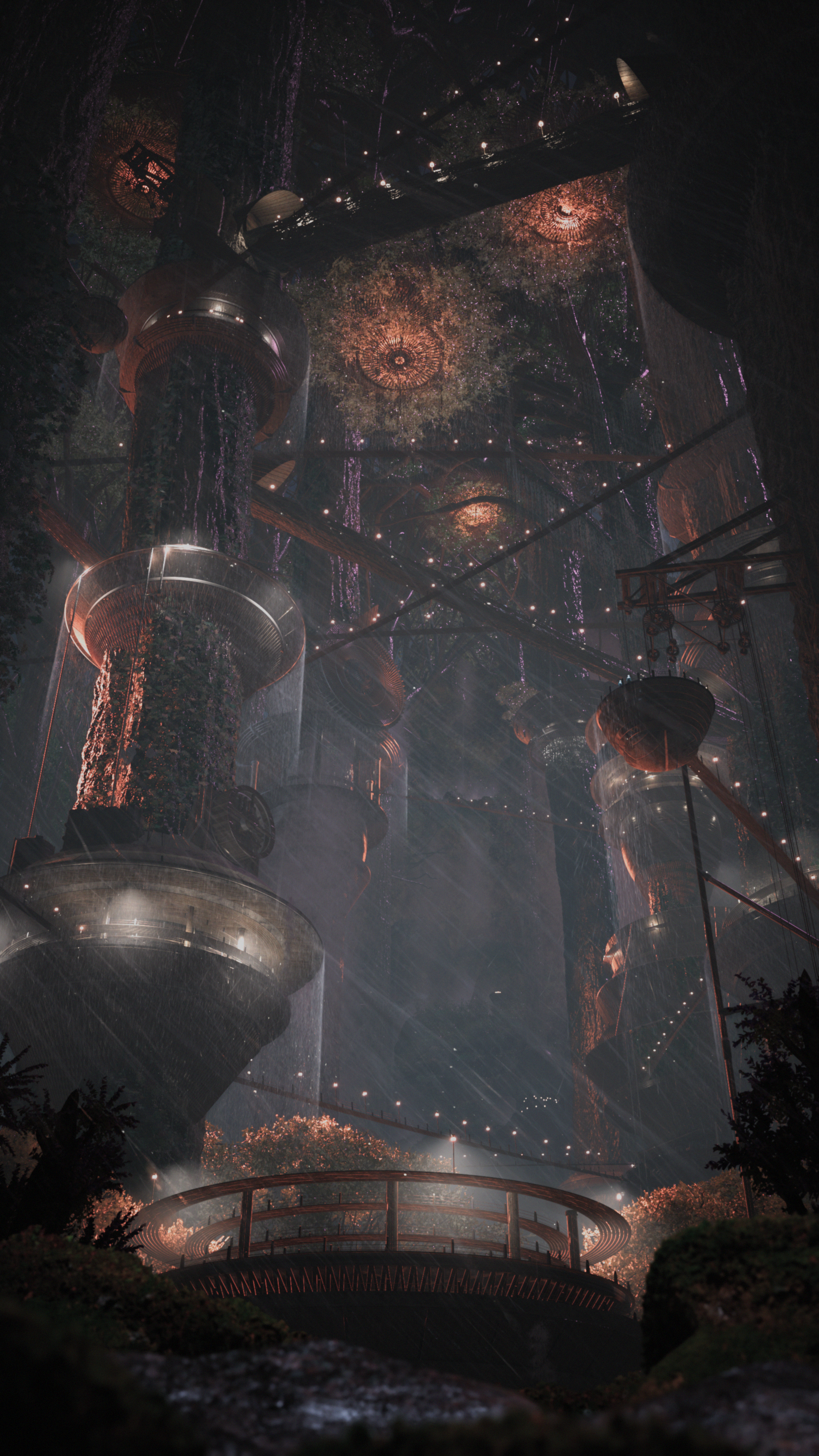 Futuristic cityscape with tall, cylindrical buildings with illuminated, spiral-patterned domes and waterfalls cascading from multiple levels, set against a dark sky with scattered stars.