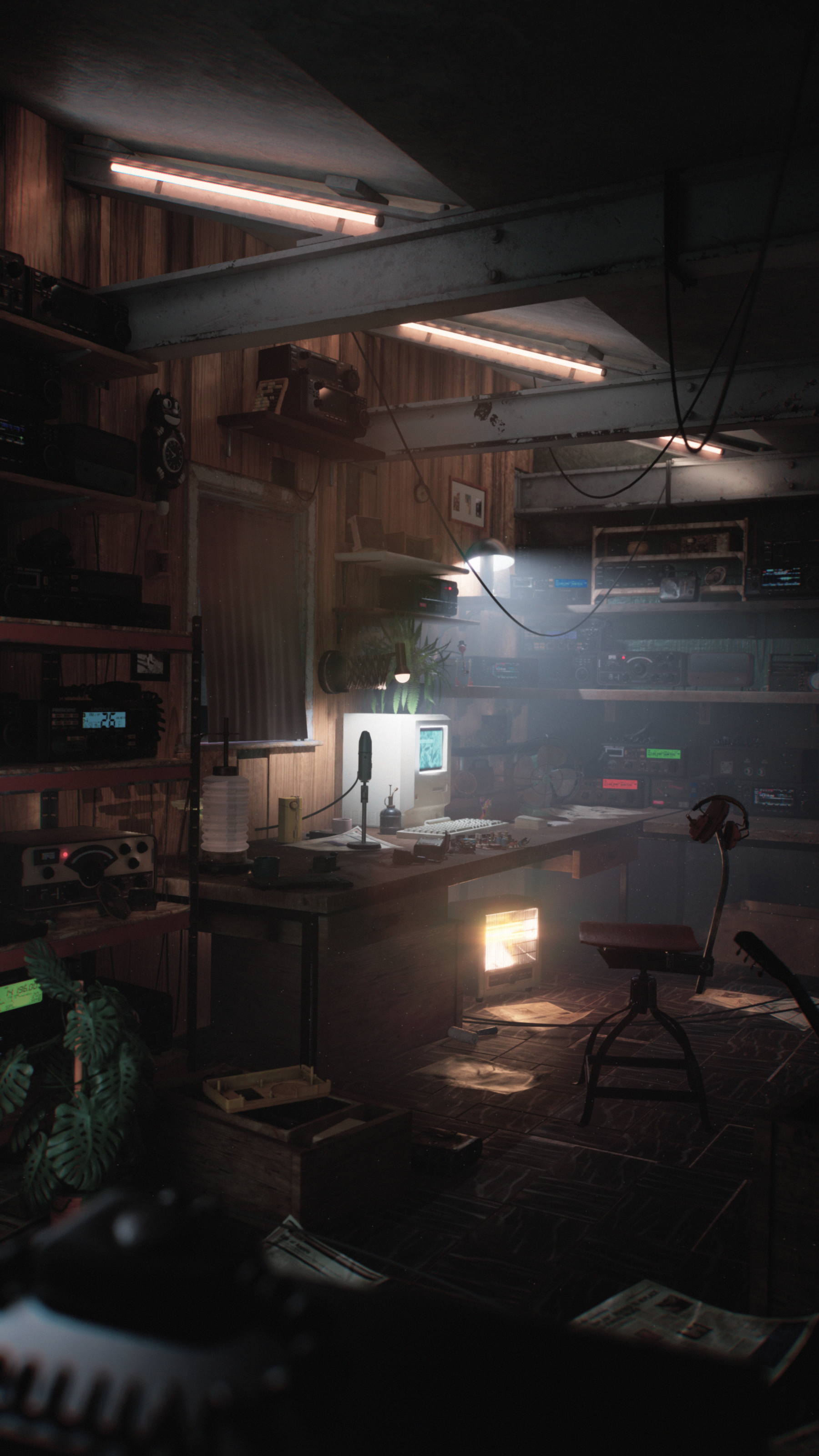 A cluttered vintage radio or recording studio with wooden walls, old electronic equipment, a small CRT TV, plants, and various items. The room appears dimly lit with occasional light sources.