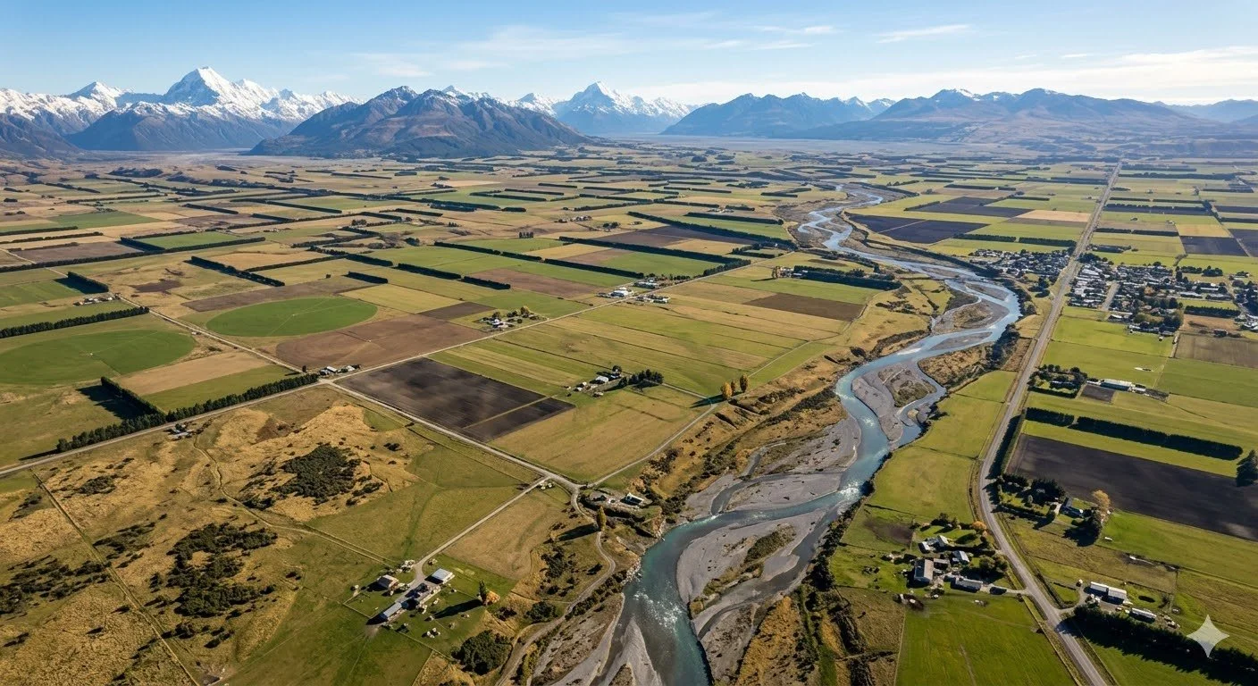 Aerial view of farmland with green and brown fields, a winding river, and mountains with snow in the distance.