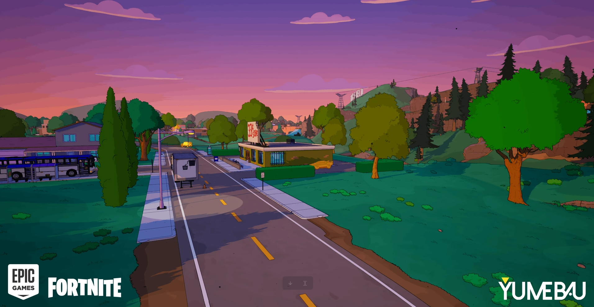 Digital illustration of a suburban street scene at sunset with trees, houses, and a small building, with the Fortnite game logo and YUMEB.AU logo at the bottom.
