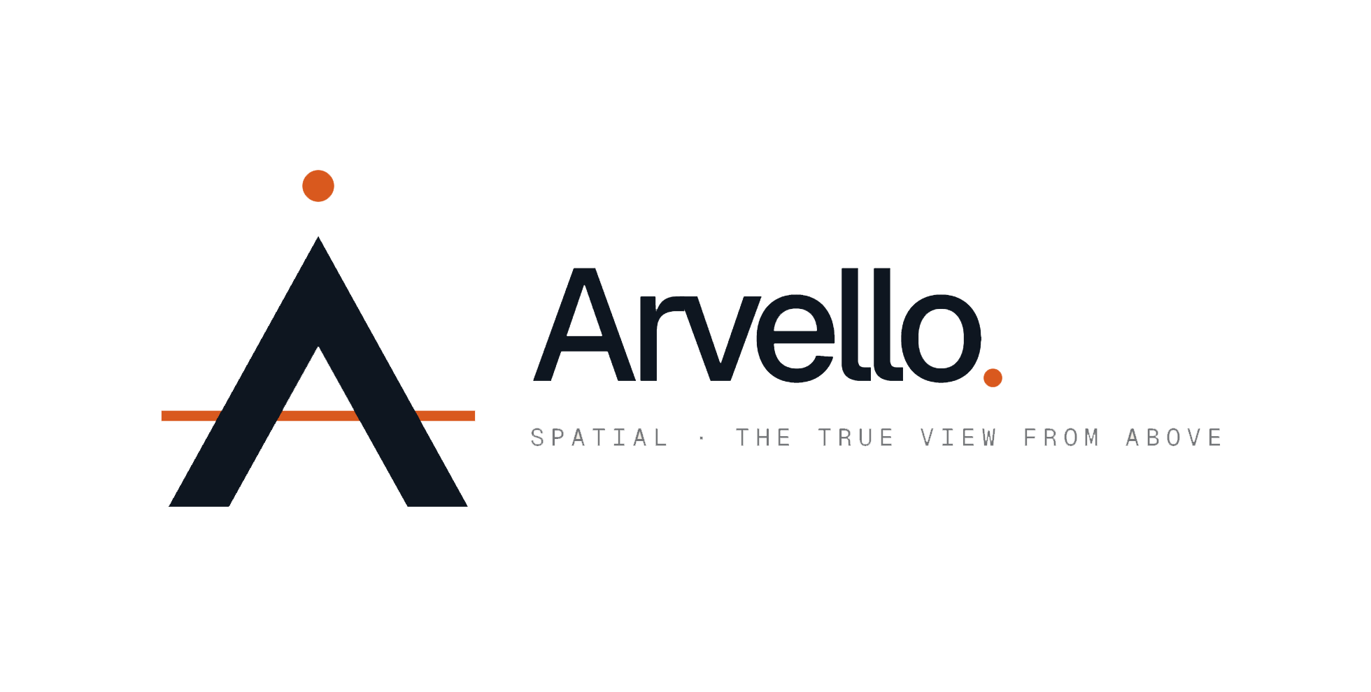 Logo for Arvello featuring a stylized mountain with an orange dot above, the brand name 'Arvello', and the slogan 'Spatial - The True View From Above'.