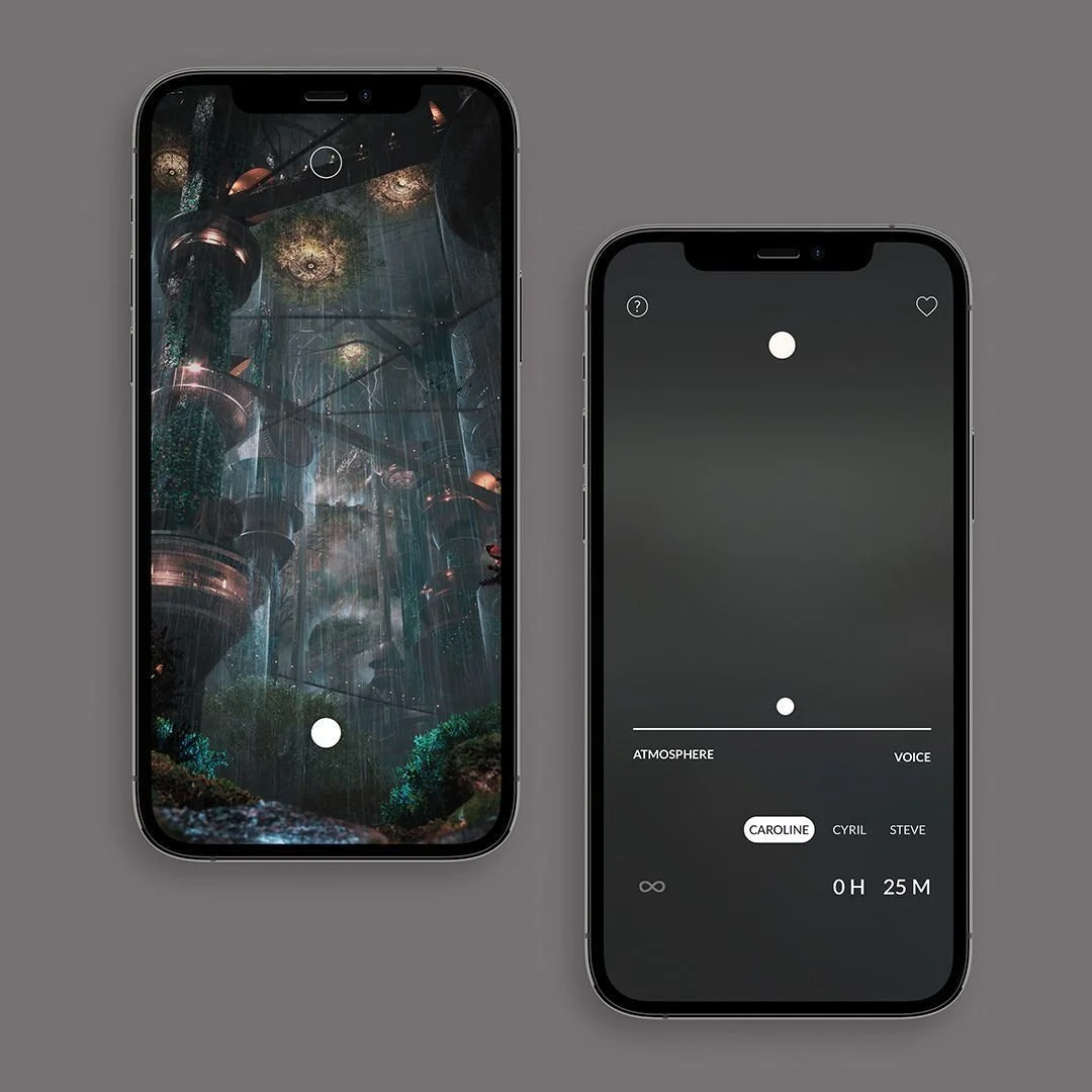 Two smartphones side by side, one showing a dark scene with floating water droplets and mystical lights, and the other displaying an app interface with sliders and options for atmosphere, voice, and multiple user names.