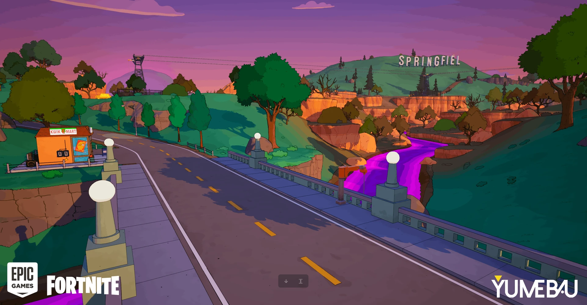 Digital illustration of a scenic hilltop area featuring a winding road, trees, a small orange building labeled 'Kwik E Mart', purple natural water, and a large sign spelling 'Springfield' on a hill in the background under a sunset sky.