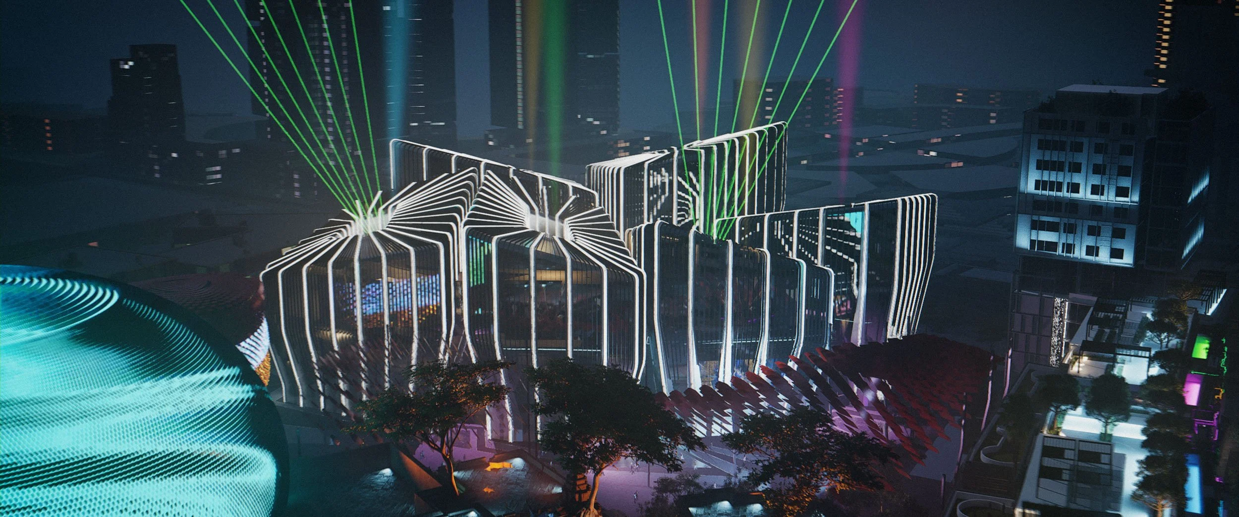 Nighttime cityscape featuring modern buildings with illuminated neon outlines and laser light show.