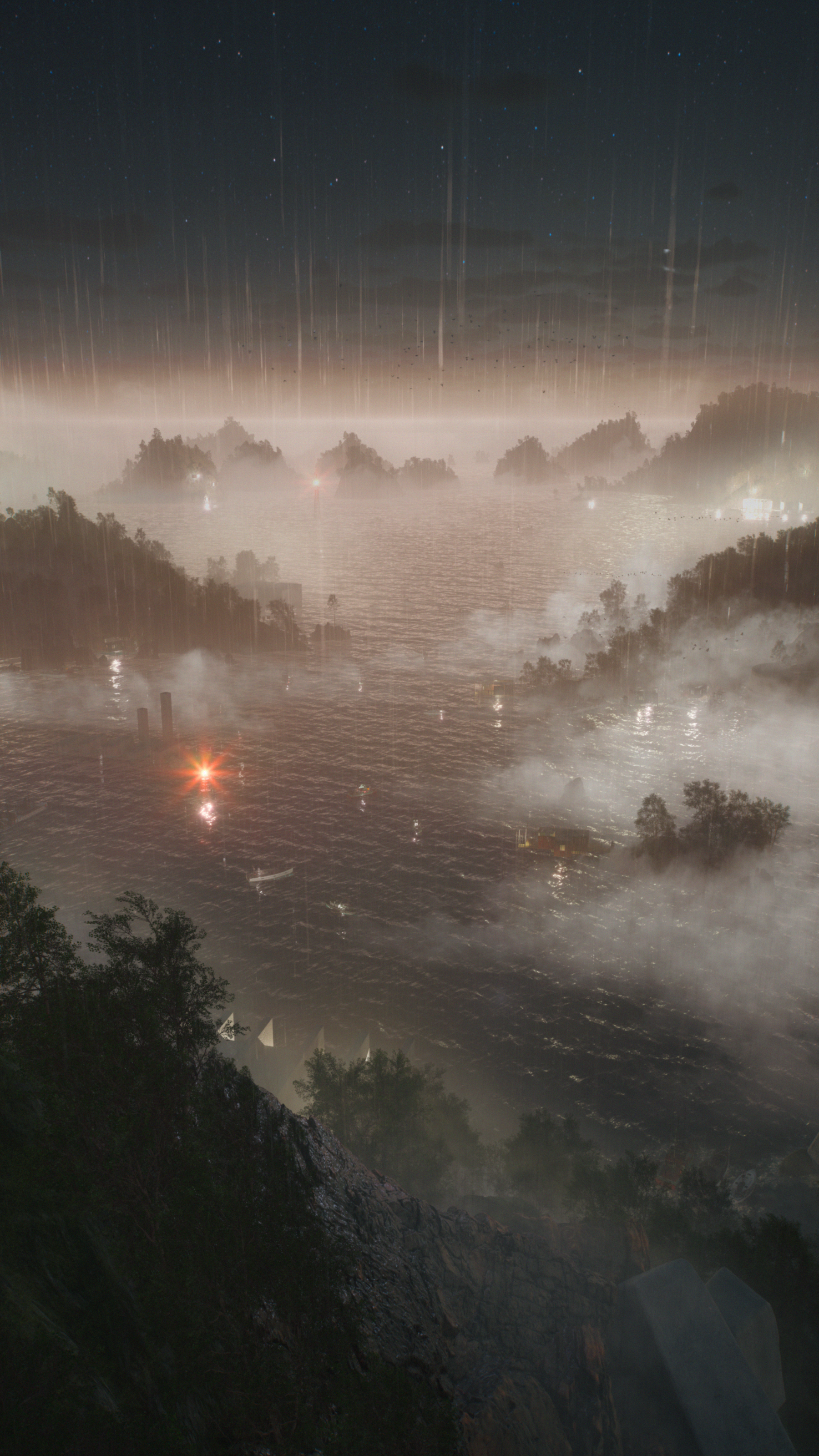 Nighttime scene of a river with mist and rain, surrounded by trees and hills, with distant lights and reflections on the water.