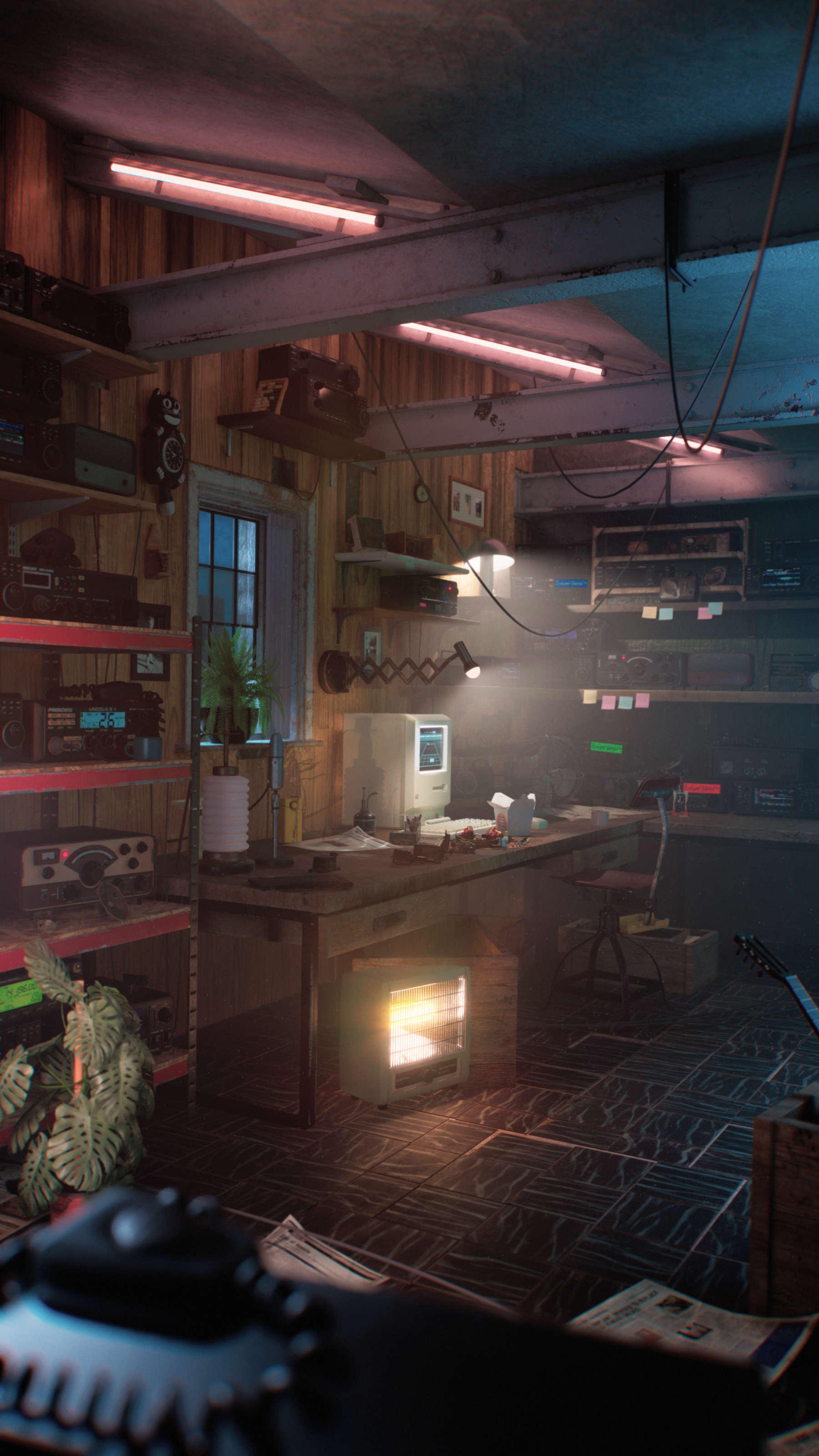 A cluttered room with wood-paneled walls, various radios, and electronic equipment; a window with plant in front; a white portable heater on the floor and a worktable with items, with neon lights and a few small framed pictures on wall.