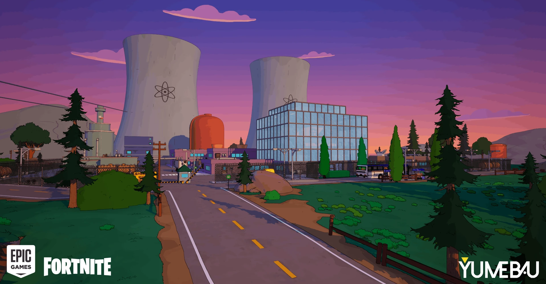 Illustration of a nuclear power plant with cooling towers at sunset, surrounded by trees, a road, a fence, and buildings, with mountains in the background.