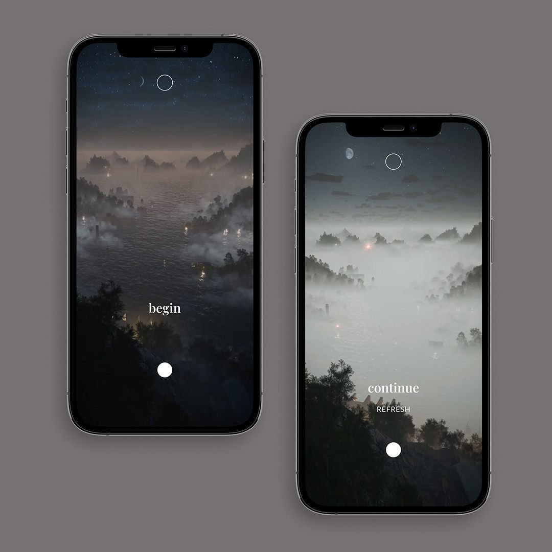 Two smartphones side by side display scenic landscape images of a foggy lake with trees and hills under a night sky with stars and a crescent moon. The left phone shows a 'begin' button, and the right phone shows a 'continue' button with a 'refresh' option.