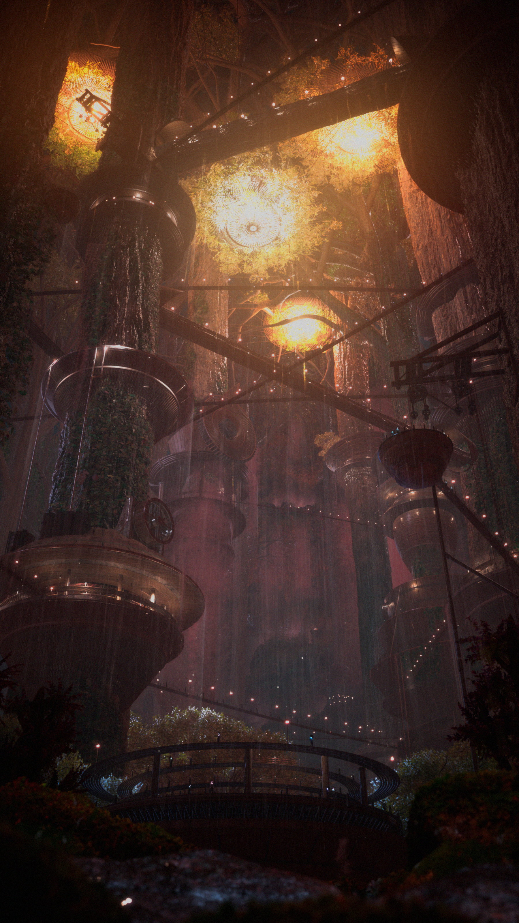 A large indoor space resembling a futuristic treehouse or city with multiple levels, waterfalls, and luminous chandeliers, surrounded by greenery and mist.