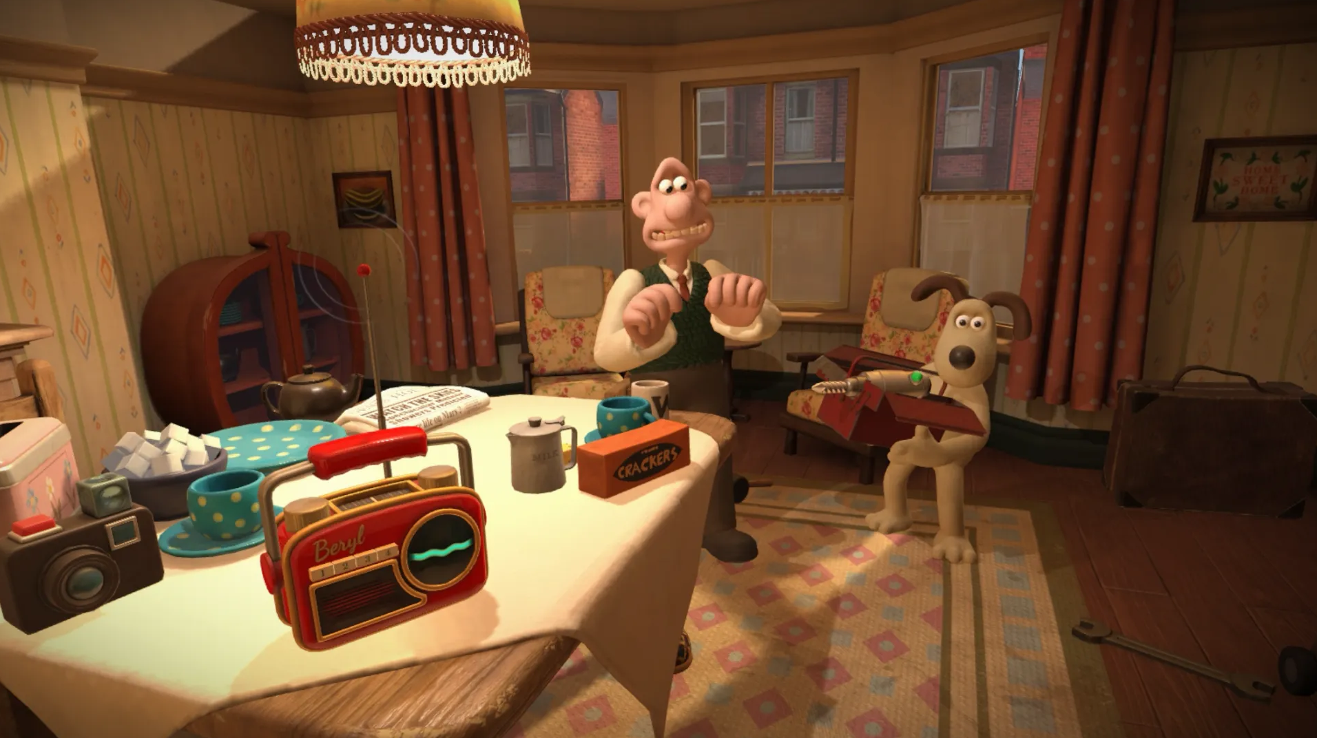 Animated scene of a cluttered kitchen with a man and a dog, both with eyes and expressions. The man stands at the table with a nervous expression, and the dog sits on a chair, holding a paper. The table has various items including a radio, a teapot, a box of crackers, and cups, with a cluttered shelf and window behind them.