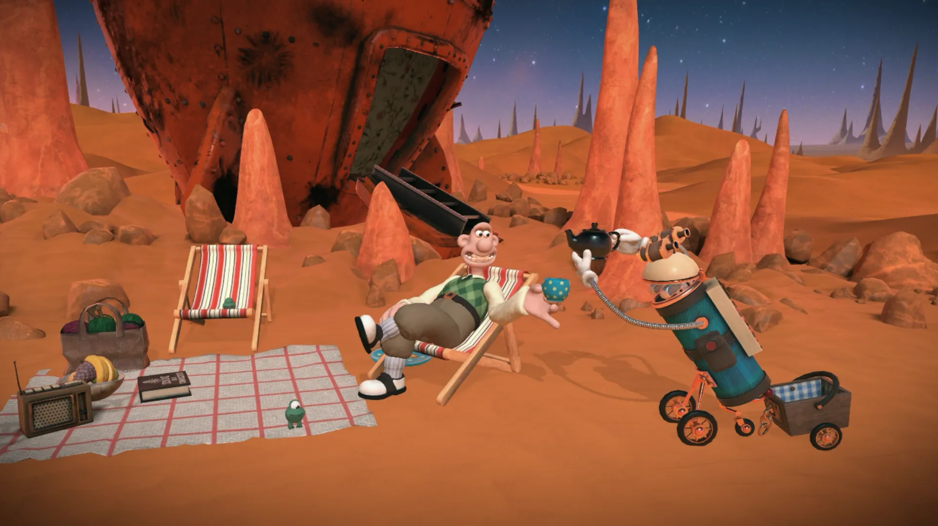 Cartoon scene of an outdoor camping site on a rocky, orange landscape with jagged rock formations and a starry night sky. A man with a mustache, green checkered shirt, tan shorts, and sandals is relaxing on a deck chair, holding a blue cup. Next to him, an animated robot with a teapot on its head holds a teacup. Nearby, there is a small green toy, a basket of yarn, a radio, a book, a blanket, and a checkered picnic blanket.