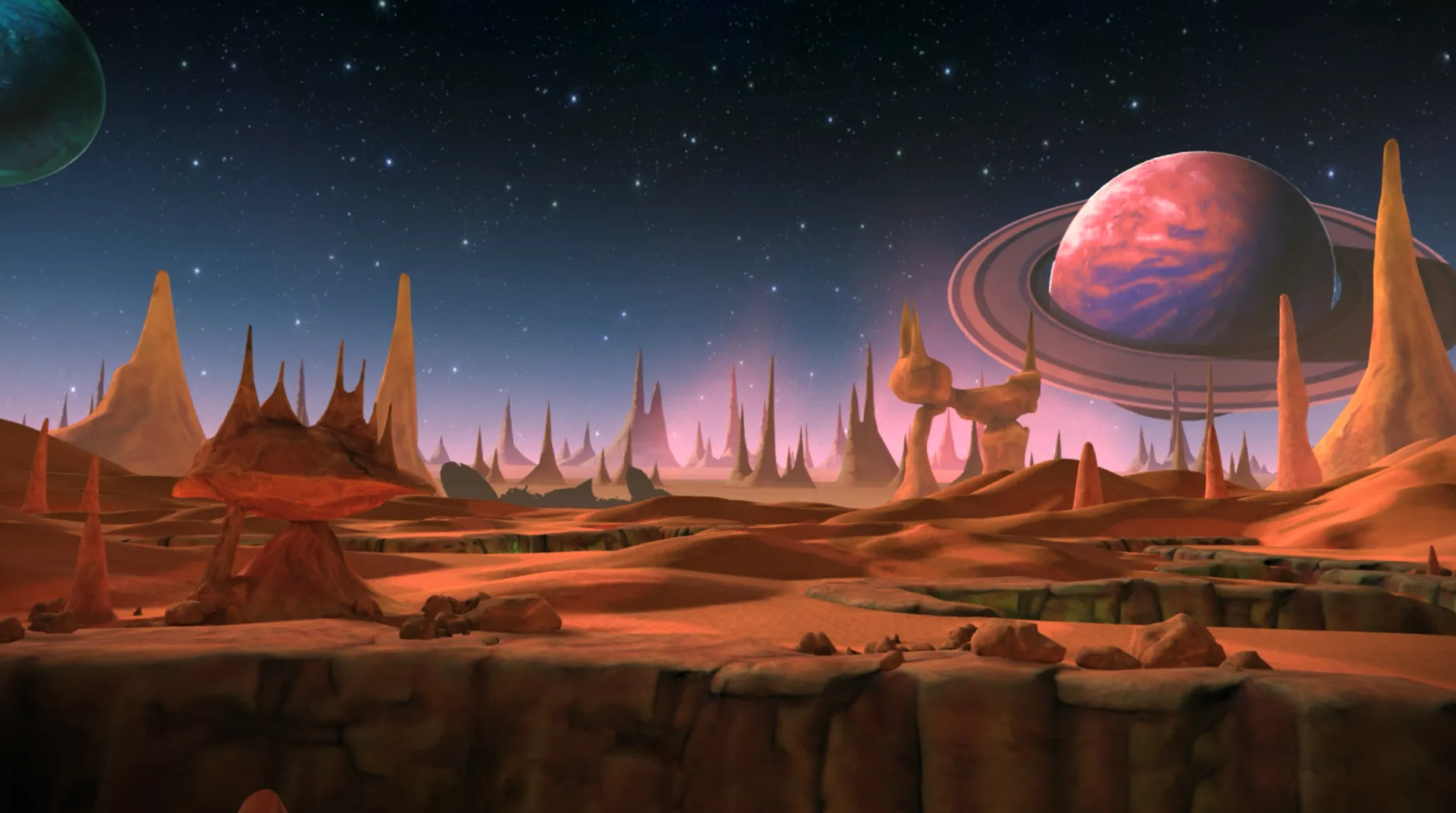 A fictional alien landscape with reddish-orange terrain, tall sharp rock formations, and large planets in the sky, including one with rings, under a starry night sky.