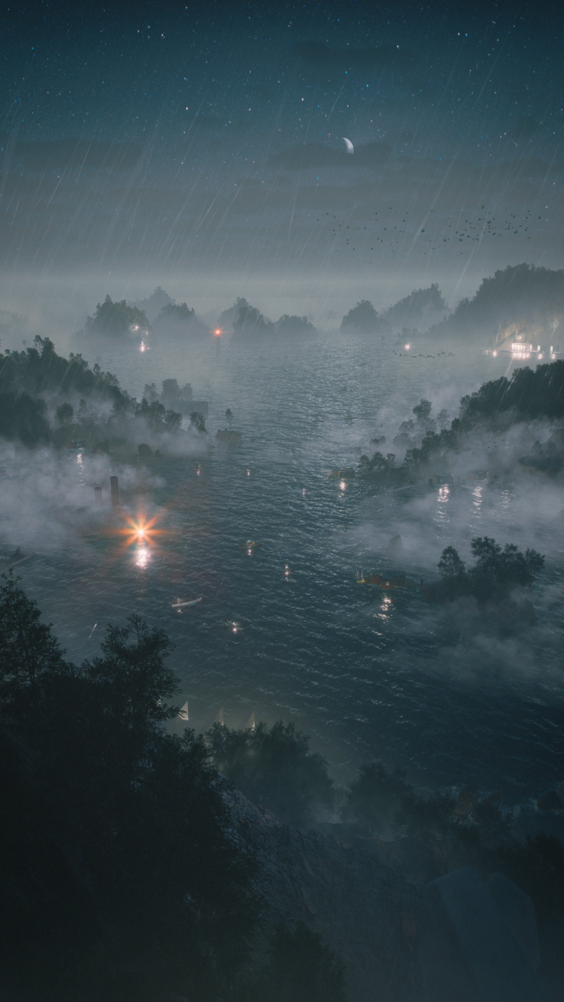 Nighttime scene of a river with mist, trees, and lights reflected on the water, under a starry sky with a crescent moon and falling rain.