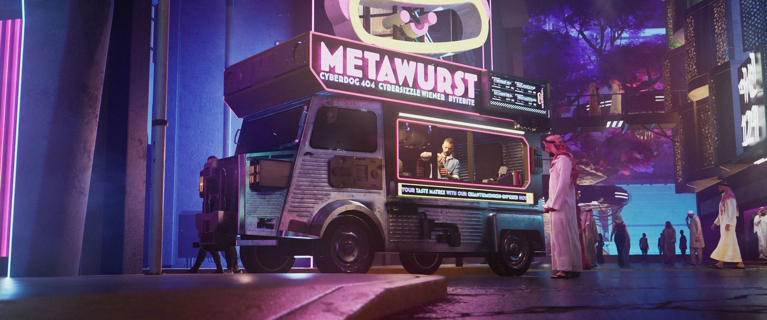 A futuristic food truck called 'Metawurst' with neon lights at night in a vibrant, cyberpunk-style city. People dressed in traditional Middle Eastern clothing are gathered around, with some interacting with the vendor inside the truck.