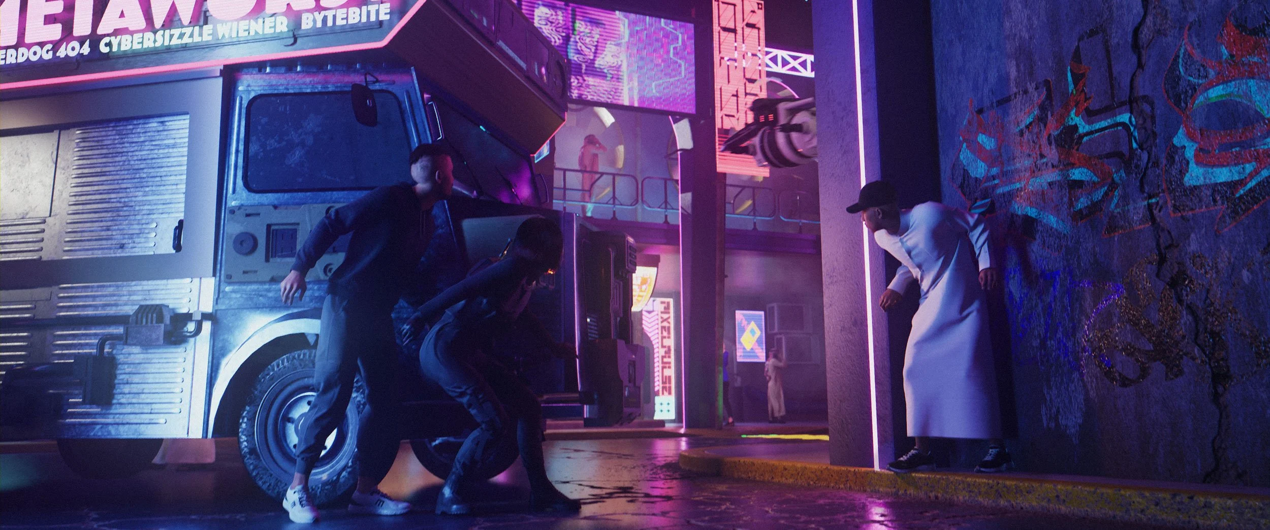 A scene in a city at night with neon lights, showing three people near a food truck with colorful futuristic signage. One person is dressed in a white coat, and the others are engaged in conversation or looking at the truck.